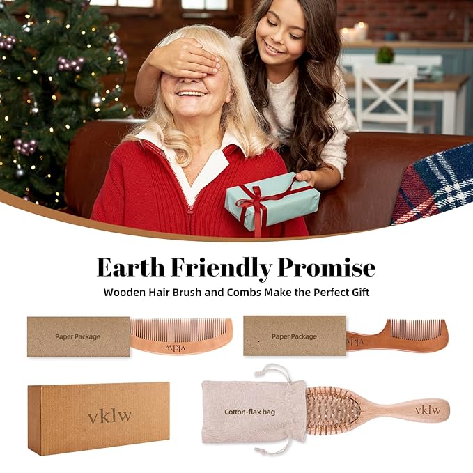 Wooden Hair Brush and Comb, One-piece Design, Reduce Frizz and Static, Massage Scalp, Detangling Paddle Hairbrush for Women, Girls, Kids, Includes Cleaning Claw, 5 Wood Bristles