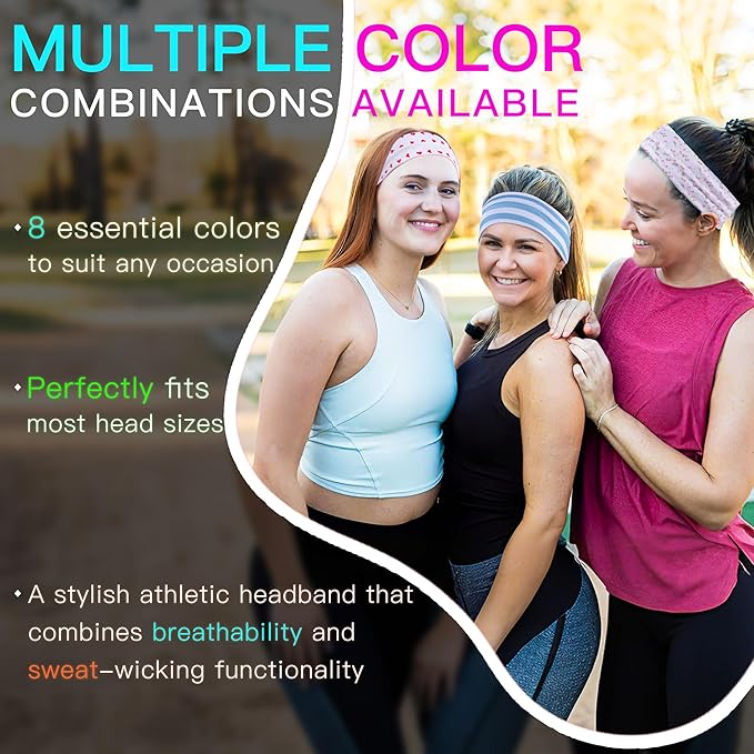 Ztomine 8 Pack Headbands for Women Non Slip - Stylish Sports Hair Bands for Women's Hair - Soft Cotton Cloth Stretchy Headbands for Women for Yoga, Outdoor Exercise Running