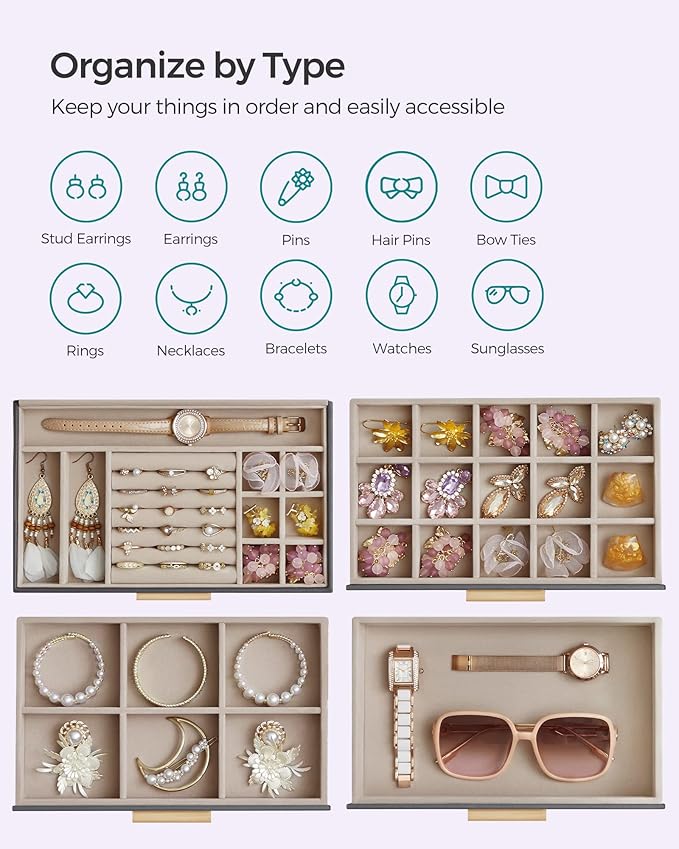 SONGMICS GISELLA Collection - Jewelry Box Organizer, 4-Layer Jewelry Storage with 3 Drawers, Shiny Metal Hardware, Glass Lid, Modern, 6 x 9.9 x 8.5 Inches, Gray and Gold Color UJBC161C01