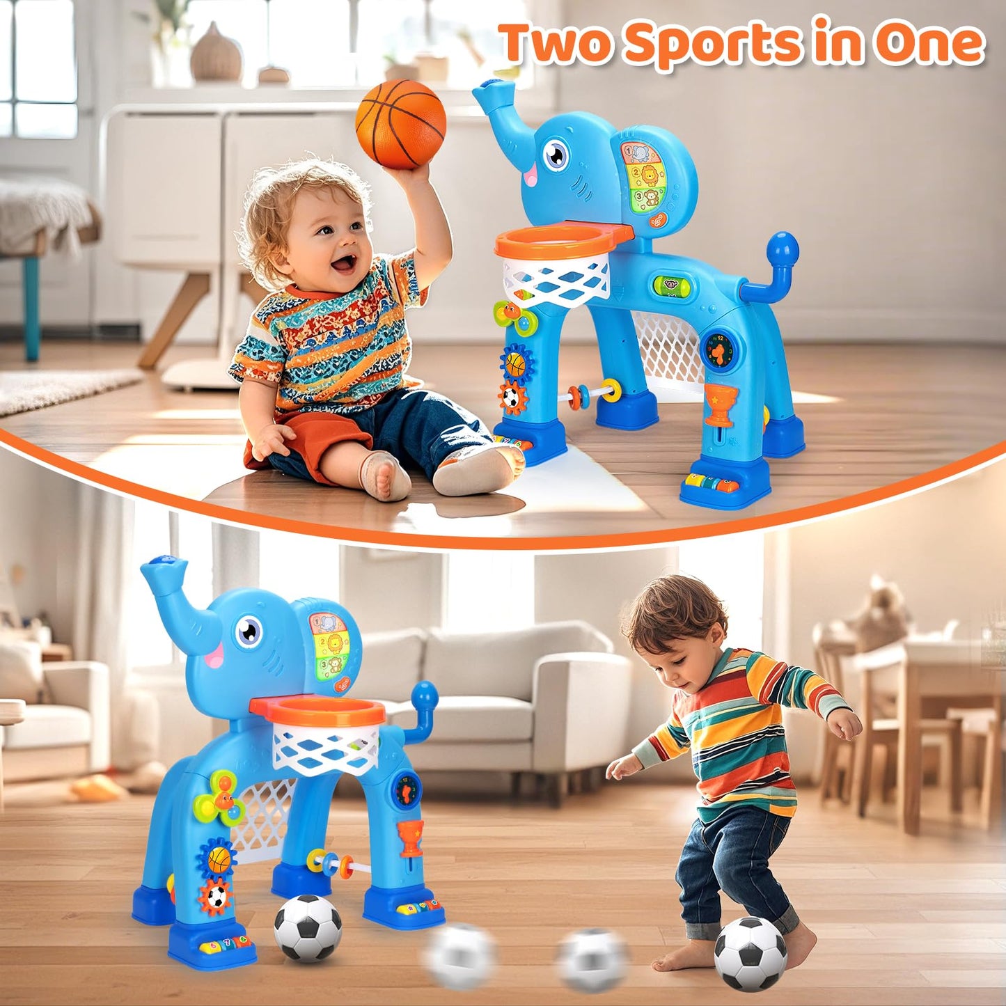 KIZZYEA Toys for 1 2 3 Years Old Boys Girls, Toddler Basketball Hoop & Soccer Goal, Montessori Toy, Interactive Musical Sports Toys with Light, Christmas Birthday Gifts for Baby Kids Age 12-18 Months
