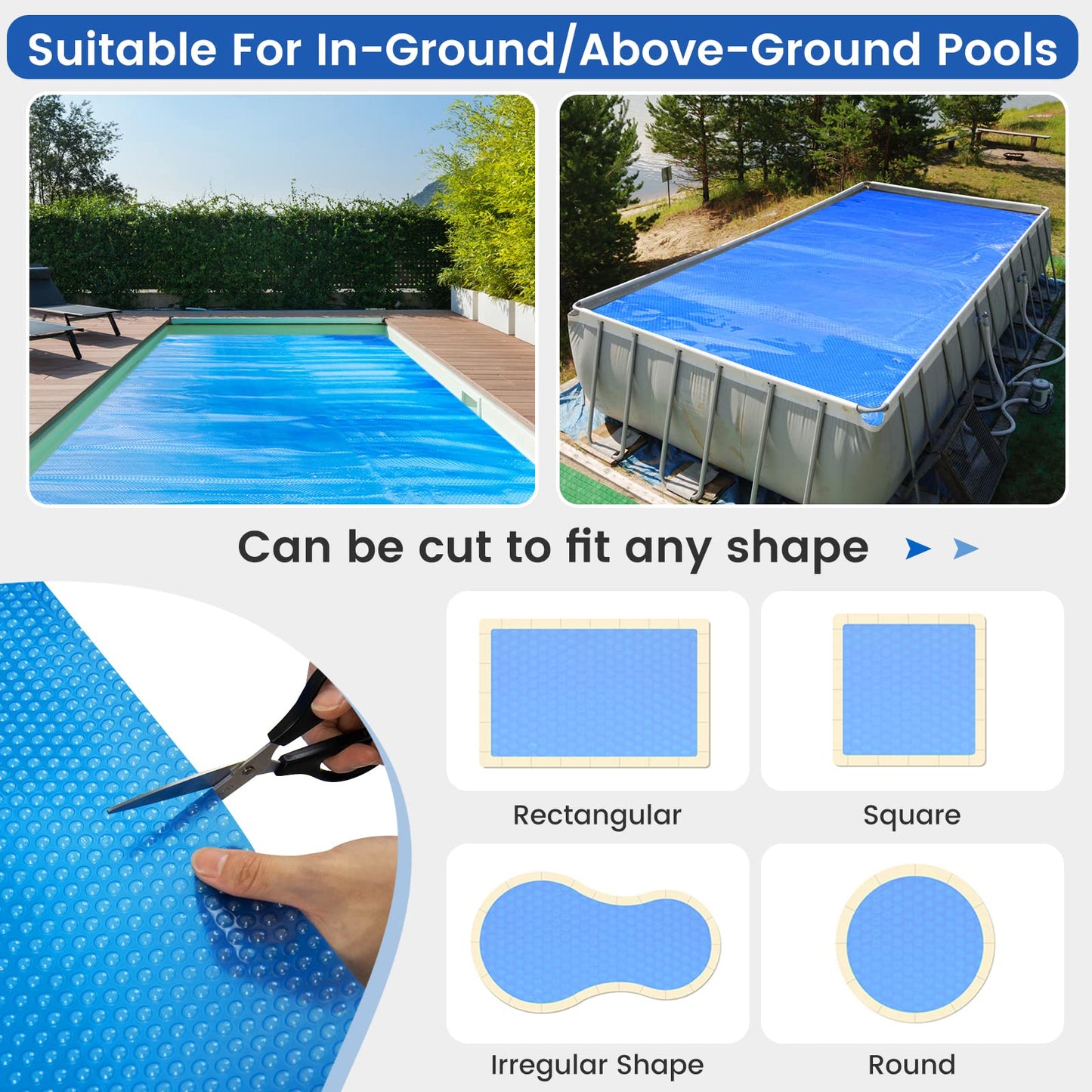 Goplus Pool Cover, 18 x 36 FT Solar Blanket 12 Mil with Carrying Bag for In-Ground and Above-Ground Swimming Pools, Rectangle Hot Tub SPA Thermal Blanket, Blue Bubble
