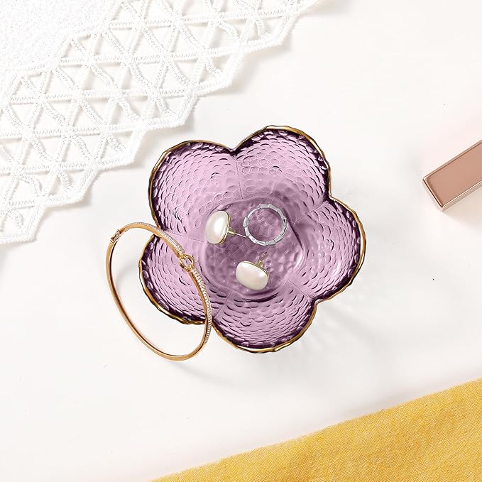 Purple Flower Jewelry Dish Glass Ring Holder Dish Jewelry Tray Cute Vanity Organizer Aesthetic Nightstand Bathroom Room Decor Trinket Dish Valentine's Friendship Christmas Birthday Gifts for Women