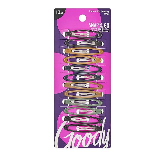 Goody Snap & Go Epoxy Contour Clips, 12 Count, Assorted Colors, Snap Clips, Suitable for All Hair Types, Pain-Free Hair Accessories for Women, Men, Boys and Girls, All Day Comfort