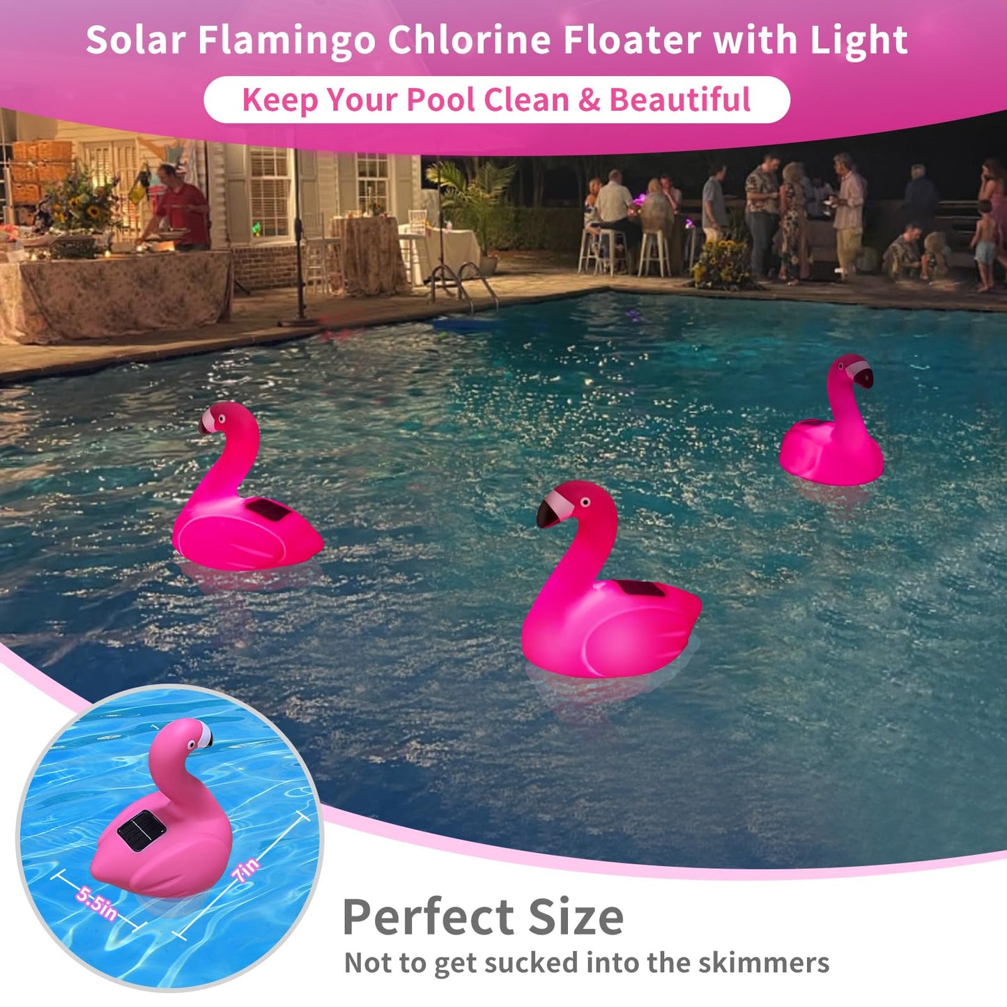 Uekars Solar Pool Chlorine Floater, Flamingo Chlorines Floater with Light, Glow in Dark Chlorines Tablet Floater (Red, 11 in)