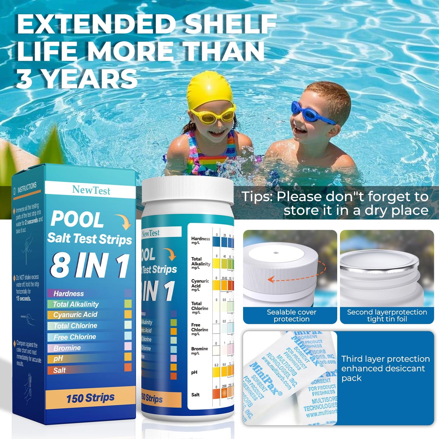 NewTest Pool Salt Test Strips: 150CT 8 in 1 Professional Pool Test Strips for Salt Water Pool & Hot Tub & Spa & Swimming Inground Pools - Quick Accurate Results Saltwater Pool Testing Kit (150)