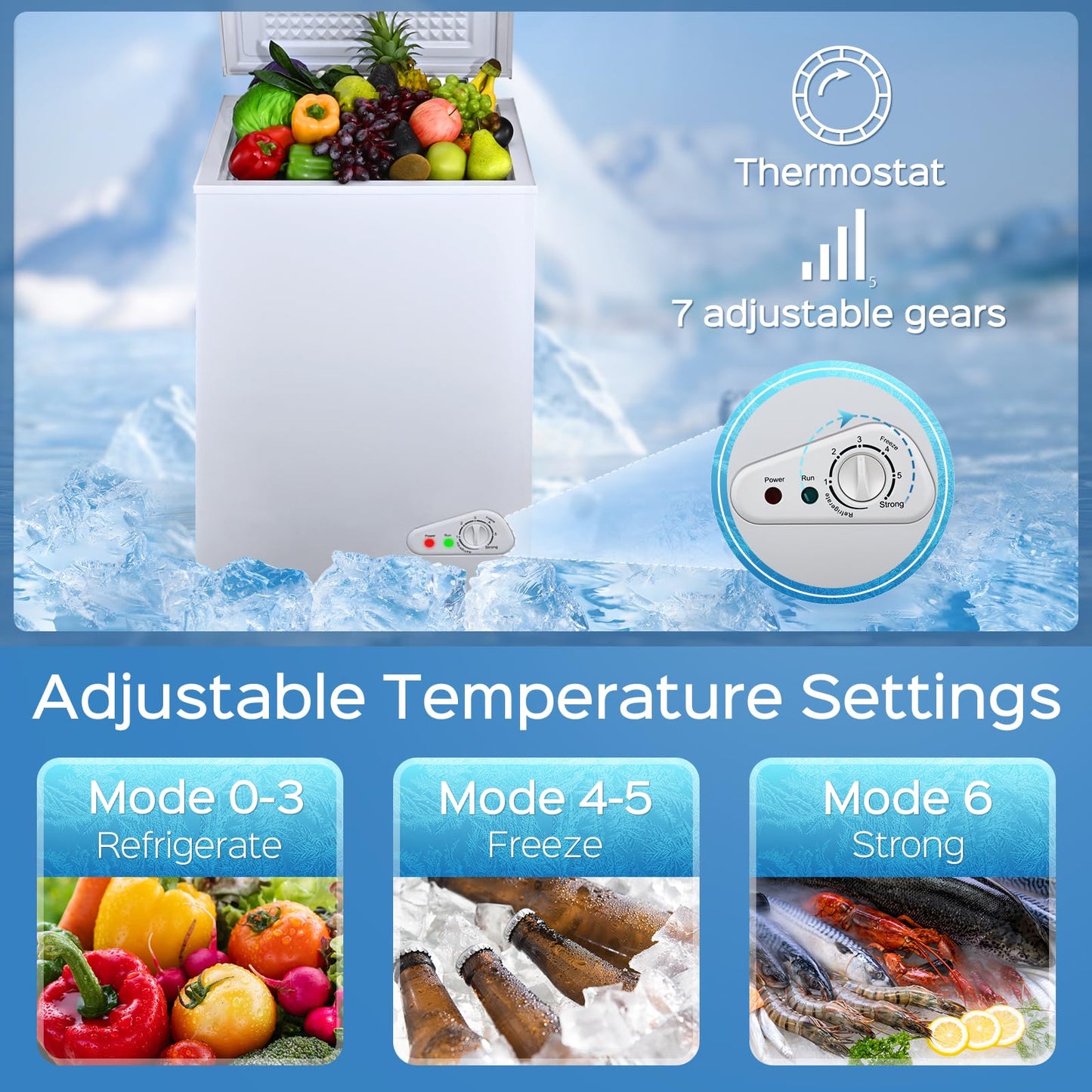 Anypro Chest Freezer 4.5 Cu.Ft, FreeStanding Top Door Compact Small Deep Mini Freezer with Removable Baskets, 7 Adjustable Temperatures for Garage Dorm Apartment RV Kitchen Business, White
