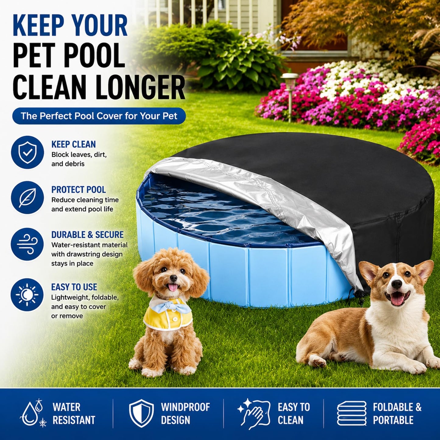 Rypet 48 inch Dog Pool Cover Foldable Round Pools Pet Collapsible Swimming Pool Cover Kiddie Pool Cover Portable Pool Accessories for Dog Kiddie Pool Bathing Tub