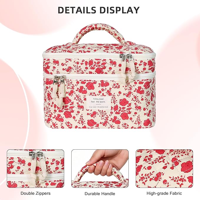 Makeup Bag, Portable Travel Make up Bag, Large Capacity Quilted Cosmetic Organizer Bag, Cute Floral Toiletry Bag for Women Girls (Bright Pink Rose)