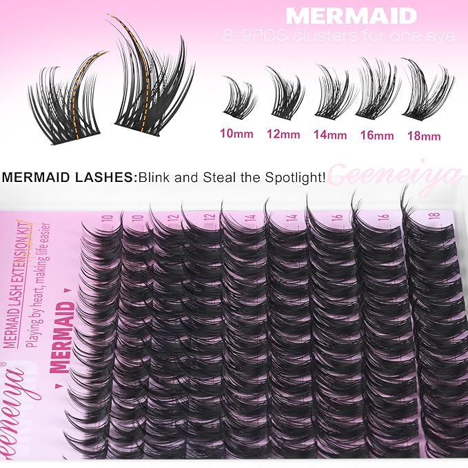 Geeneiya MERMAID Lash Clusters, 10-18MM Wispy Eyelash Clusters, D Curvature Natural Cluster Lashes for Beginners, Waterproof Cluster Eyelash Extensions DIY Lashes (Not Kit)
