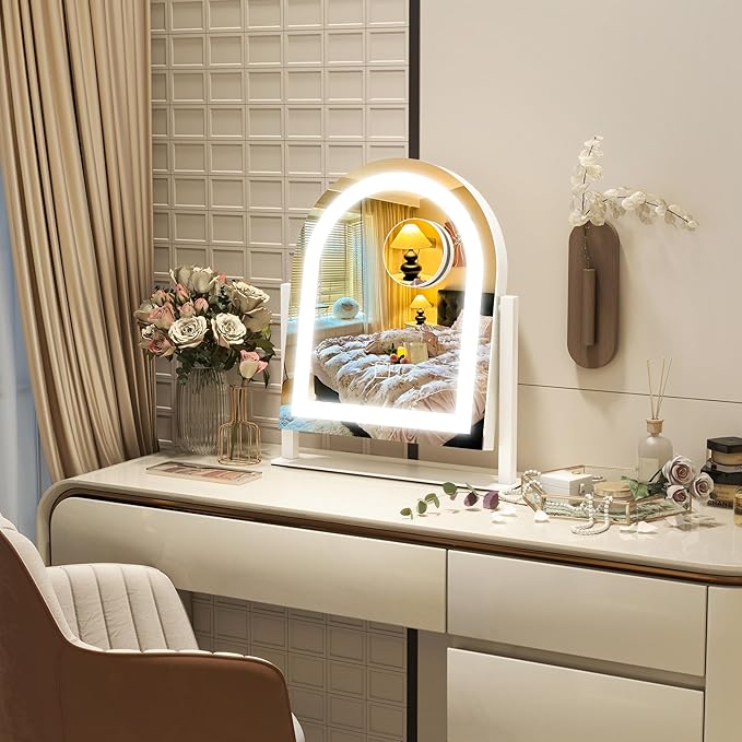 ROLOVE Lighted Makeup Mirror with 3-Color Dimmable Lighting, with Removable 10x Magnifier, Smart Touch Control, 360° Rotation, 15" x 13" Hollywood Vanity Mirror for Tabletop or Desk (White)