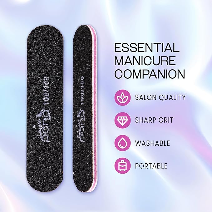 25PCS Mini Size PANA Professional Double Sided Nail Files - Black, 100/100 Grit - Emery Board Nail Buffering File Manicure Pedicure Nail Polisher Washable