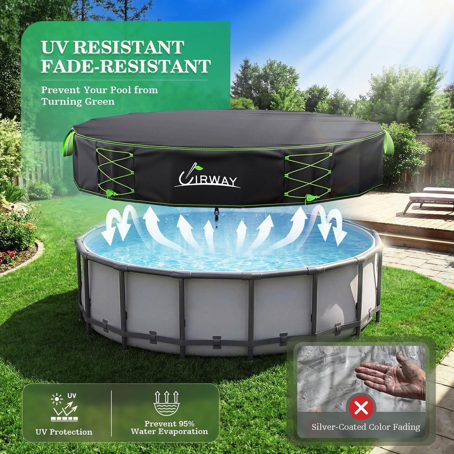Uirway 600D Upgraded 16ft Pool Cover for Above Ground Pool, Tear Resistant Solar Pool Cover with Windproof Ratchet Locking System, Weatherproof Hard Pool Covers UV Protection, with Anti-Slip Straps