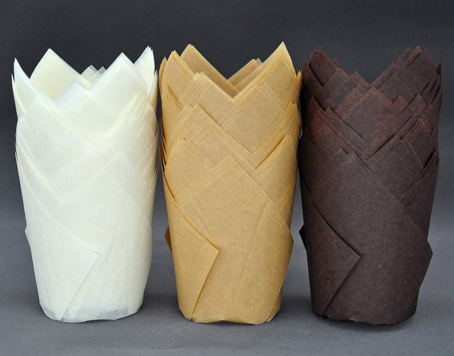 QLSmypkg Large Greaseproof paper Wrappers Muffin Baking cupcake cups liners, 2-1/4" x 4" Natural,Brown,White 3 colours in a box Tulip Baking Cups Holders 125 pcs (Large) (125, Multi 3)