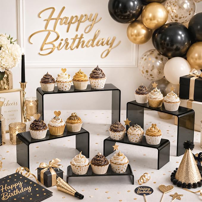 FUNFERY Acrylic Display Risers, 2 Set(7.8" L~8.2" L~8.6" L~9Ã¢ÂÂL~9.3Ã¢ÂÂL) Display Shelf for Figure, Collectibles, Cupcake, 5-Tier Clear Acrylic Stands for Dessert, Jewelry, Candy Showcase