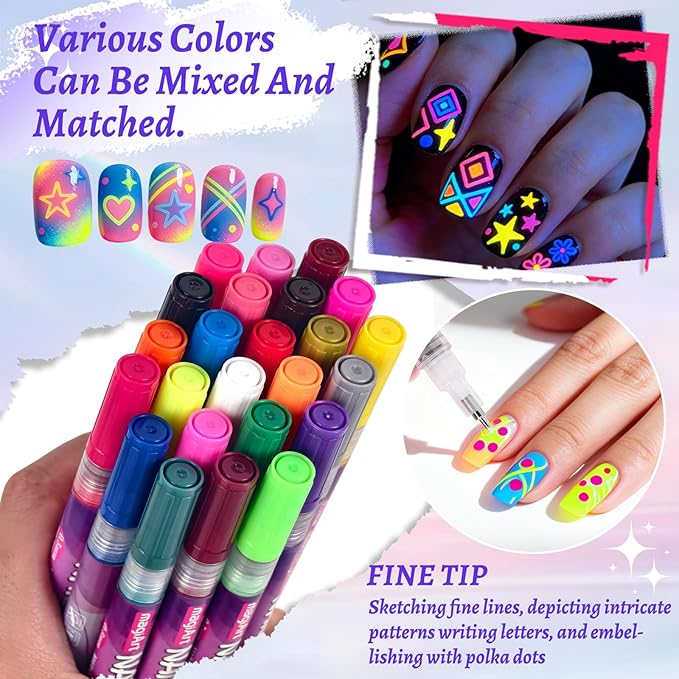 24 Color Nail Art Pens, Classic & Neon Nail Markers Set 0.5 MM Fine Tip Nail Polish Pens Drawing Painting Point Liner Painted Pen Kit, Waterproof DIY Nails Art Design Manicure Tools
