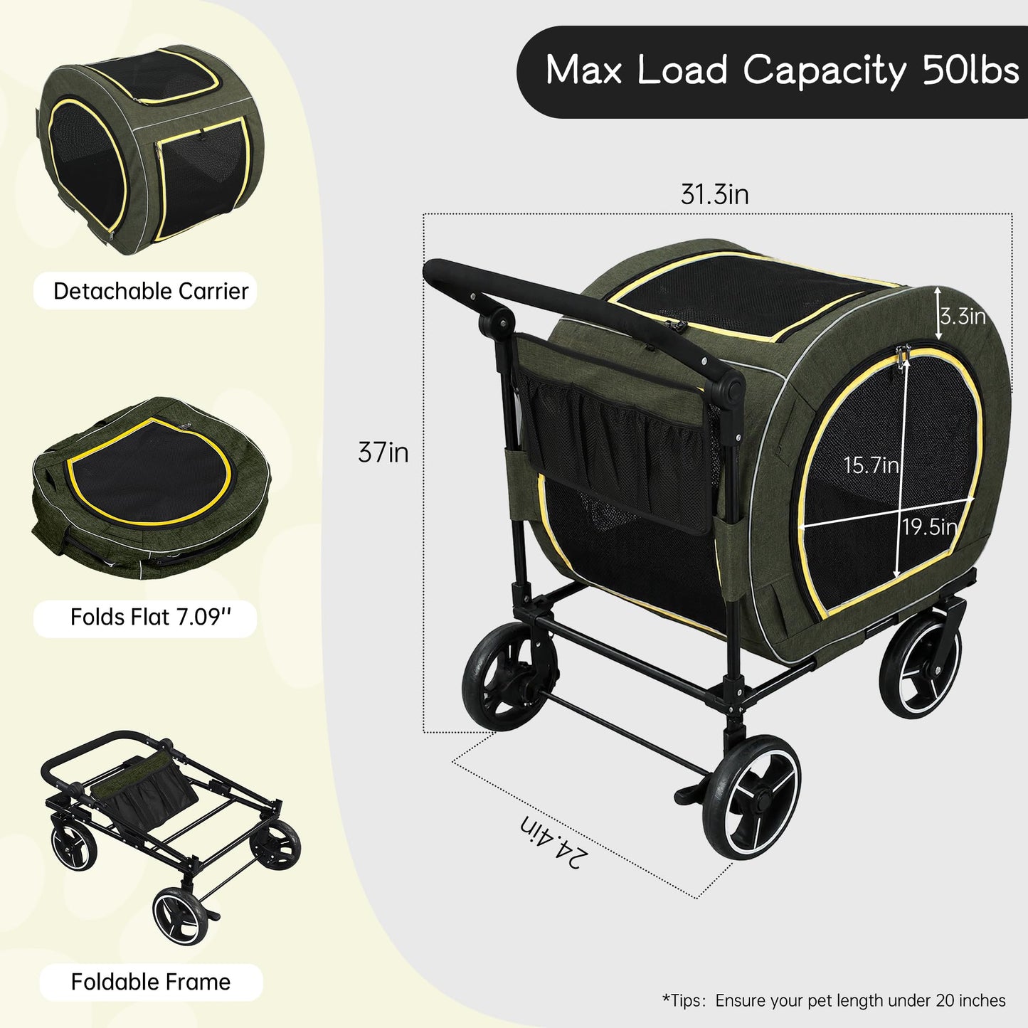 Saudism Pet Stroller for Dogs Cats up to 50 lbs, Foldable Dog Stroller with 360° Swivel Wheels, Detachable Carrier, Adjustable Handle, Travel Dog Stroller for Small Medium Large Pets, Green