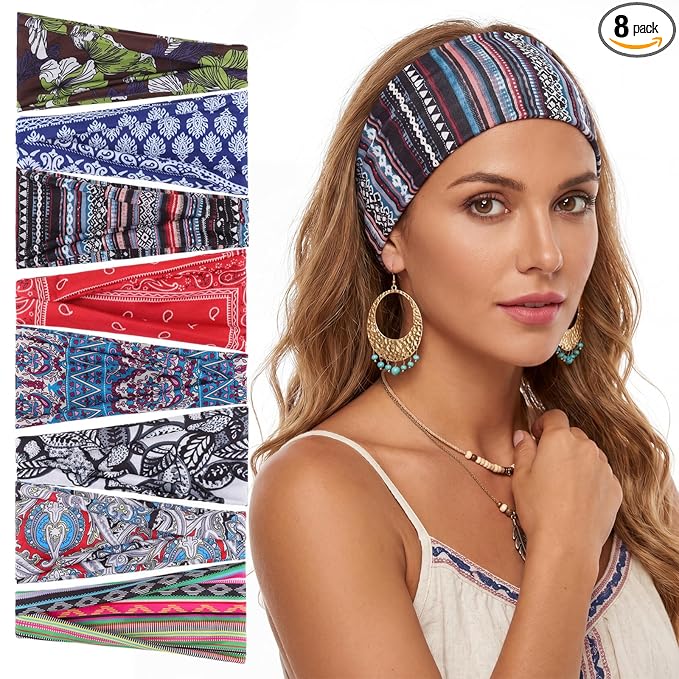 obeoby Sweat-Absorbing Hair Bands, 8 Pack Boho Headbands for Short or Long Hair - Stretchy Great for Yoga, Running, Workout,Hiking Gifts for Women