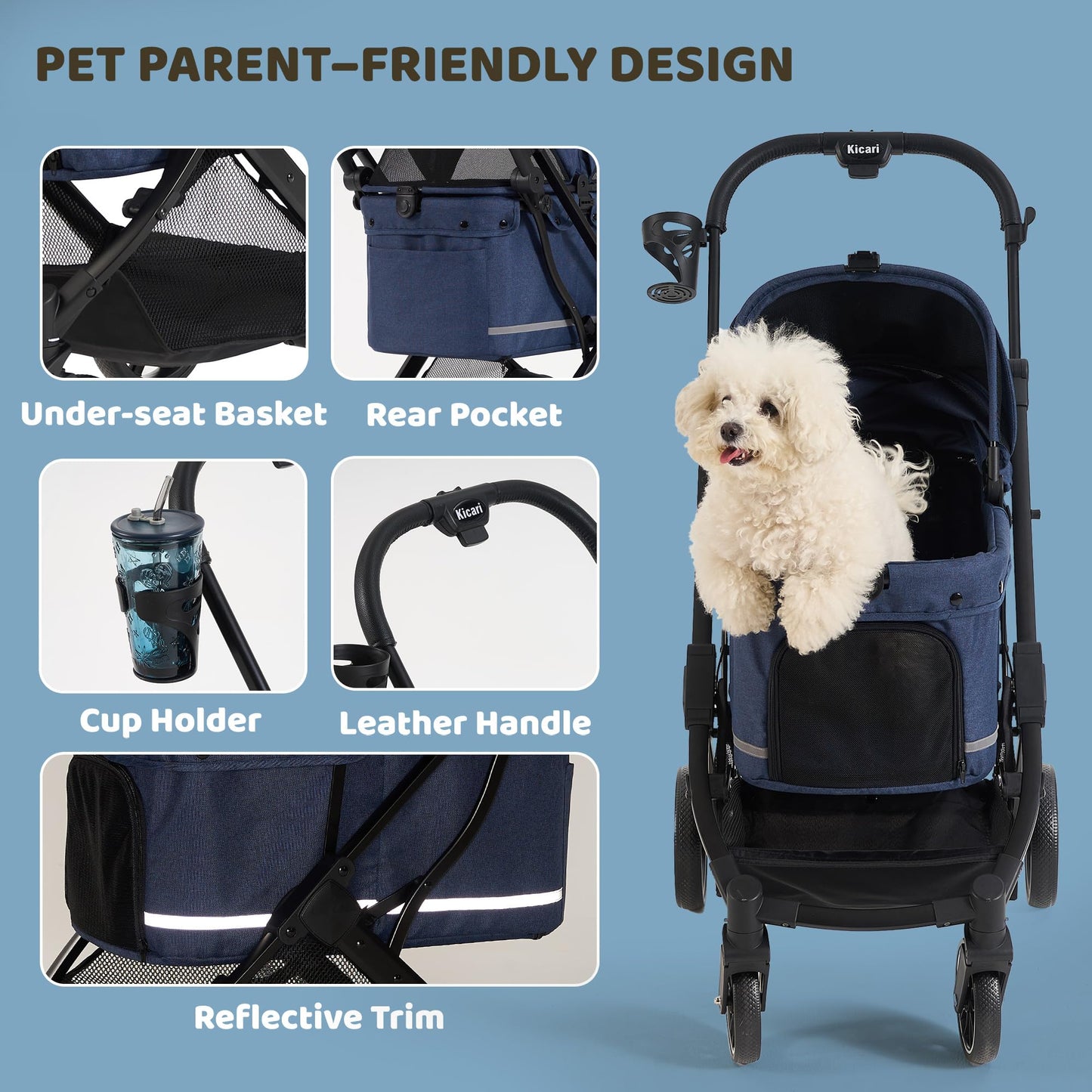Kicari All-Terrain Dog Stroller for Small to Medium Dogs, Pet Stroller for Dogs & Cats Outdoor Walks, One-Hand Easy Fold, Double-Layer Anti-UV & Waterproof Canopy & Breathable Mesh, Midnight Blue