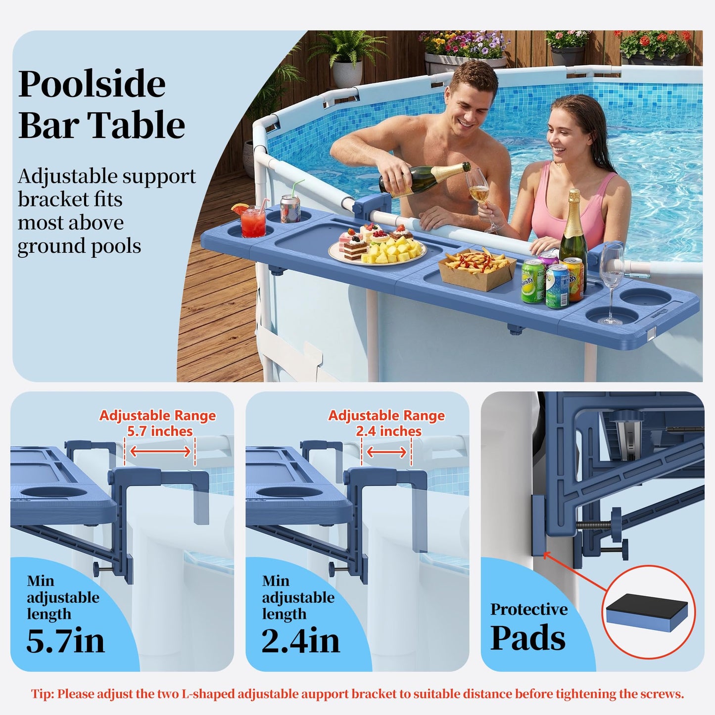 Poolside Bar, 44"×12" Poolside Bar Table with Adjustable Support Bracket Fits Above-ground Pools, Swim Up Bars Capacity Up to 110lbs, Patio Poolside Table Smart Fold ＆Weather Resistant Stable Tabletop
