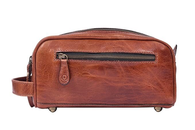 10" Premium Leather Toiletry Travel Pouch With Waterproof Lining | King-Size Handcrafted Vintage Dopp kit By Aaron Leather Goods (Buckthrown Brown)