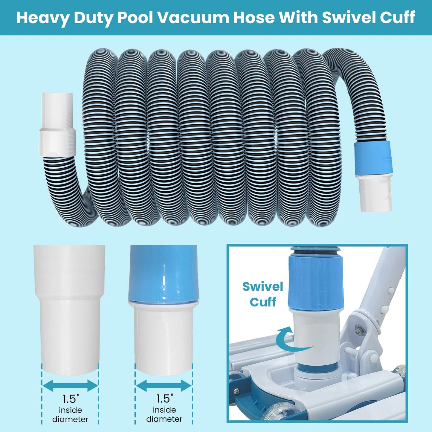 POOLWHALE Professional 1-1/2-Inch x 40-Feet Swimming Pool Vacuum Hoses and Weighted Rotatable Handle Vacuum Head with Wheels, Perfect for Above Ground and Inground Pools