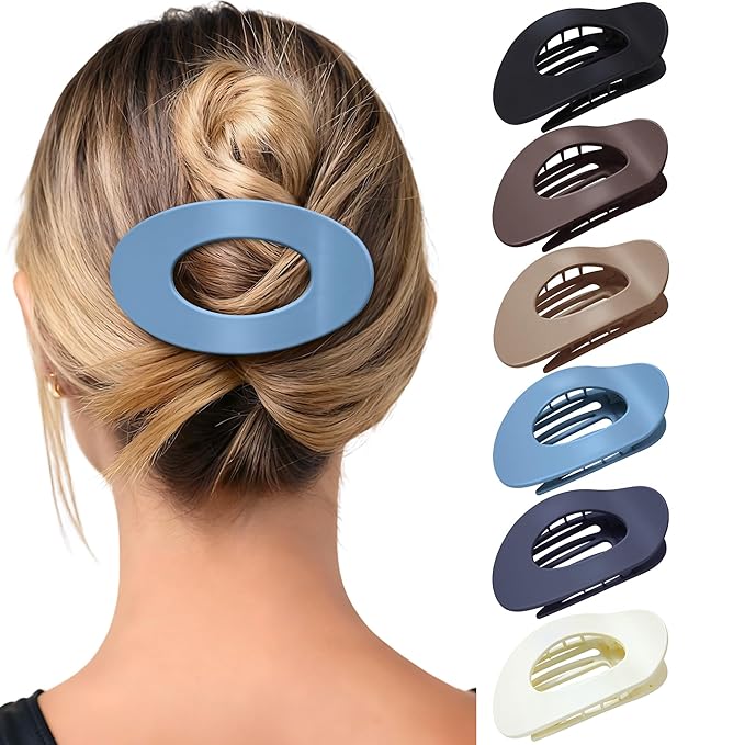Mesovor 6 Pack Flat Hair Claw Clips, 4.33" Nonslip Large Round Lay Flat Hair Clips | Strong Hold French Flat Hairclips for Lying Down, Yoga, Driving (Blue Matte)