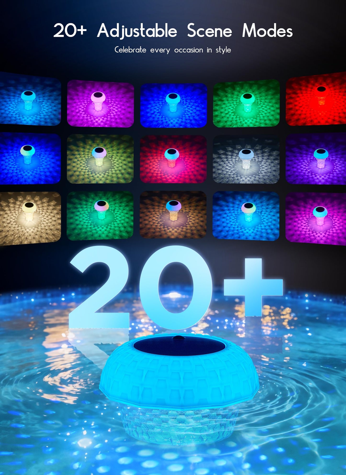 2 in 1 Floating-Pool-Lights-Solar-Powered with Chlorine-Floater, RGBWW-Solar-Pool-Light-Chlorine-Dispenser with 20+ Light Effects, Remote Control, IP68 Waterproof Light for Pools, Hot Tubs, Parties