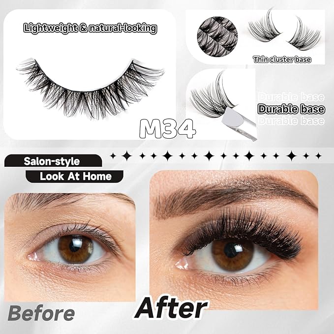 Lash Clusters 154pcs Manga Lash Extension Kit Curly 10-18mm Cluster Eyelash Extensions Natural Lash with Bond and Seal-M32+M34（Spiky+Natural）