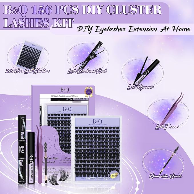 B&Q Wispy Lash Clusters Kit B06, DIY Lash Extension Kit 156PCS Eyelash Extension Kit, Soft Natural Lash Clusters 8-18MIX D Curl Lash cluster, Thin Black Band Cluster Eyelash Extensions (B06 Set)