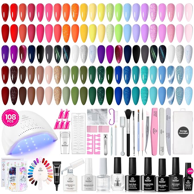 Beetles Gel Nail Polish Kit with U V Light, 108 Pcs 55 Colors Cat Eye Gel Polish Set with Base Coat Glossy Matte Glitter Top Coat Gel Polish Glitter Red Green Brown Purple Pink Gifts for Women Girls