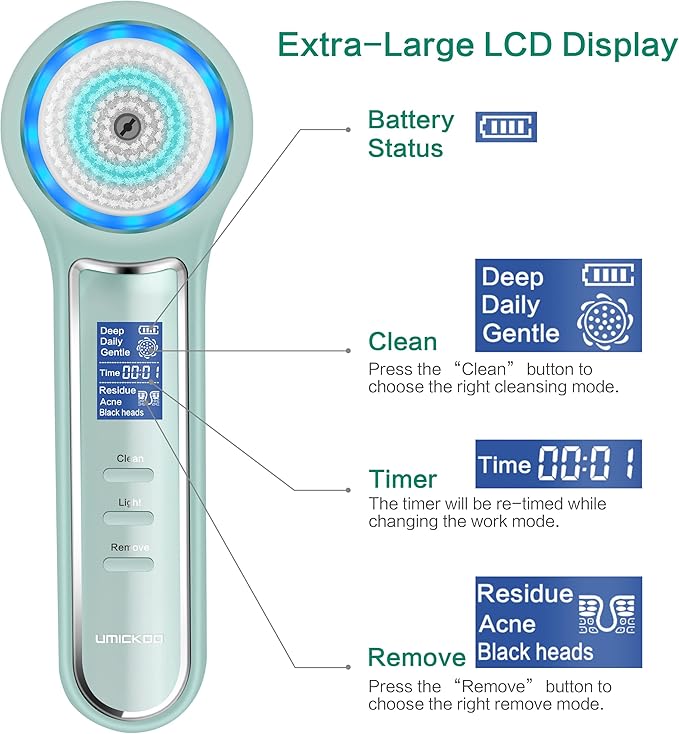 UMICKOO Face Scrubber Exfoliator,Facial Cleansing Brush Waterproof with LCD Screen,Blackhead Remover Vacuum with 5 Brush Heads,Face Spin Brush for Exfoliating (Green)