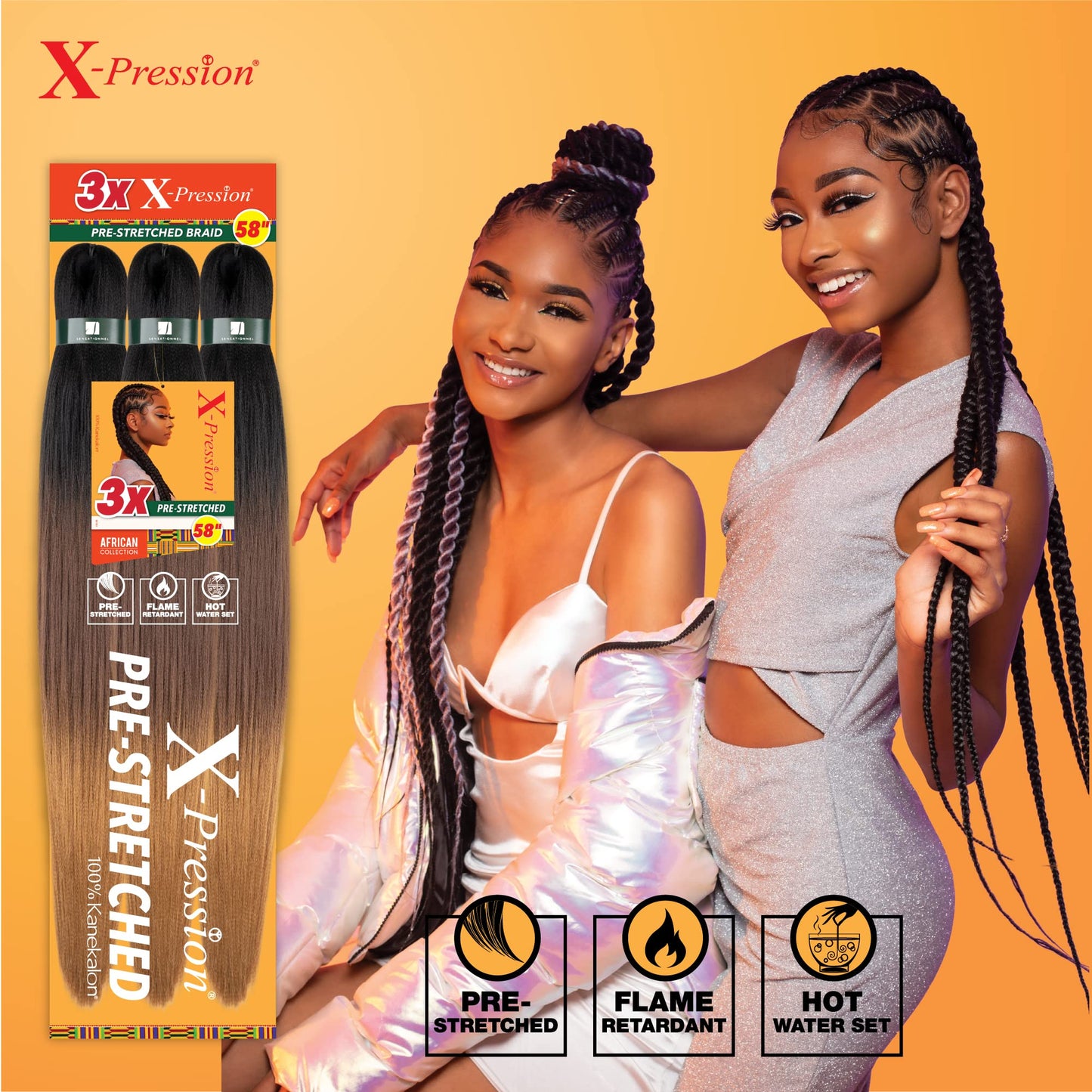 Sensationnel X-pression prestretched braiding hair - 3x braid 58 inch all kanekalon flame retardant synthetic braid for box braids and twists (5 pack, 1B OFFBLACK)