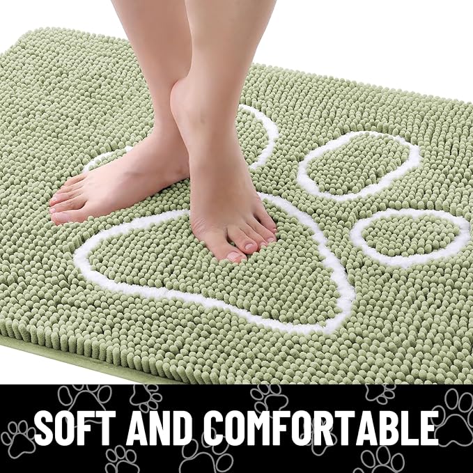 Smiry Dog Door Mat for Muddy Paws, Absorbent Dirt Trapper Non Slip Quick Dry Washable Chenille Mat for Mud Dogs, Entry Rug for Indoor and Outdoor (30x20 Inches, Sage Green and White)