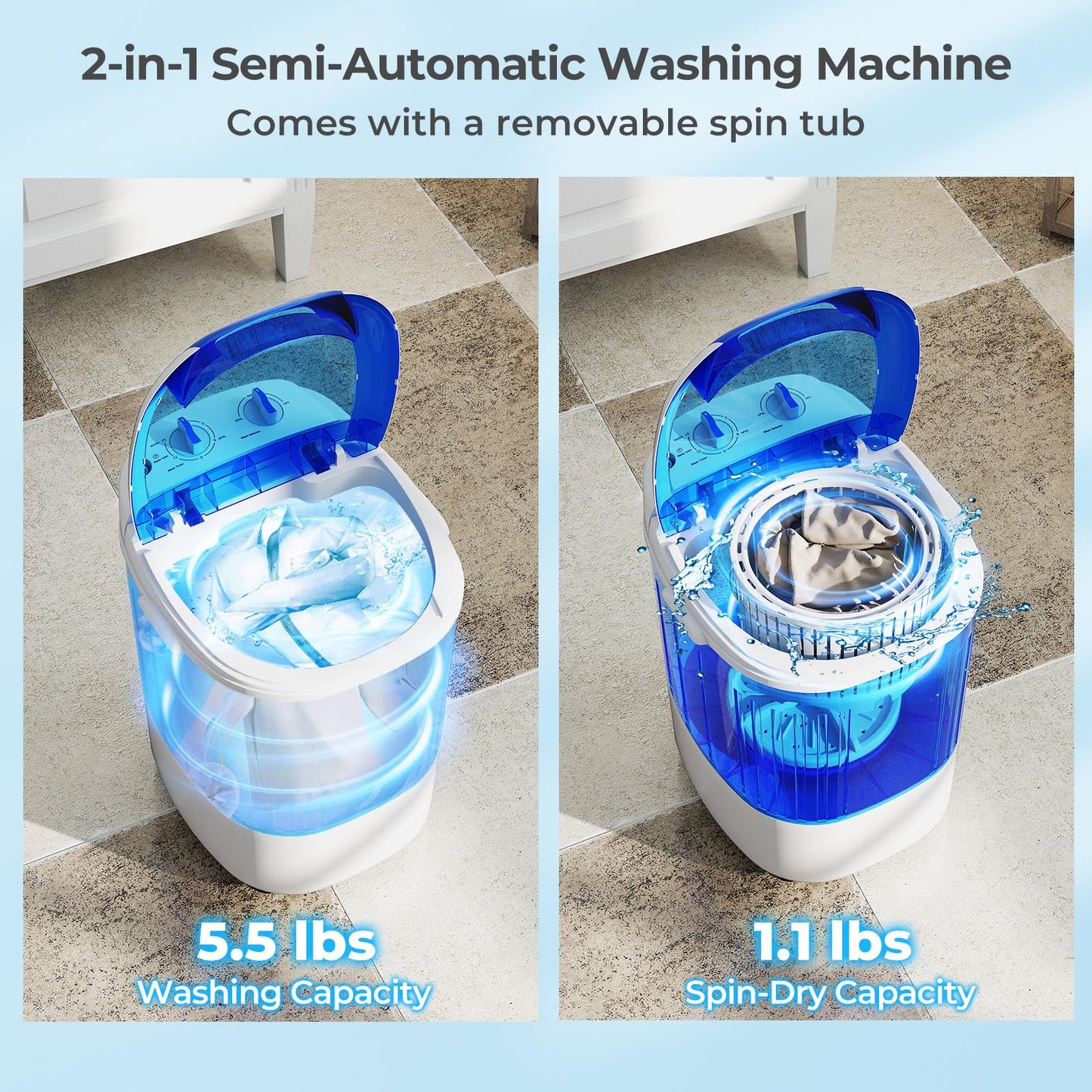 ARLIME Mini Washer and Dry Combo, 5.5 lbs Small Laundry Washer with Drain Hose & Spin Tub, Top Loading & Semi-automatic, Small Washing Machine for Drom RV Apartment (Blue)