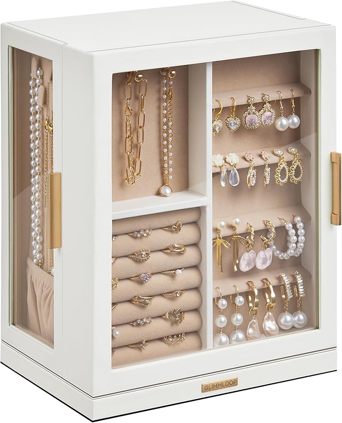 Glimmloop 360ÃÂ° Rotating Jewelry Box with 5 Drawers, Spacious Vertical Jewelry Organizer with Glass Window, Jewelry Storage Case, Dustproof & Moisture-resistant Design, White
