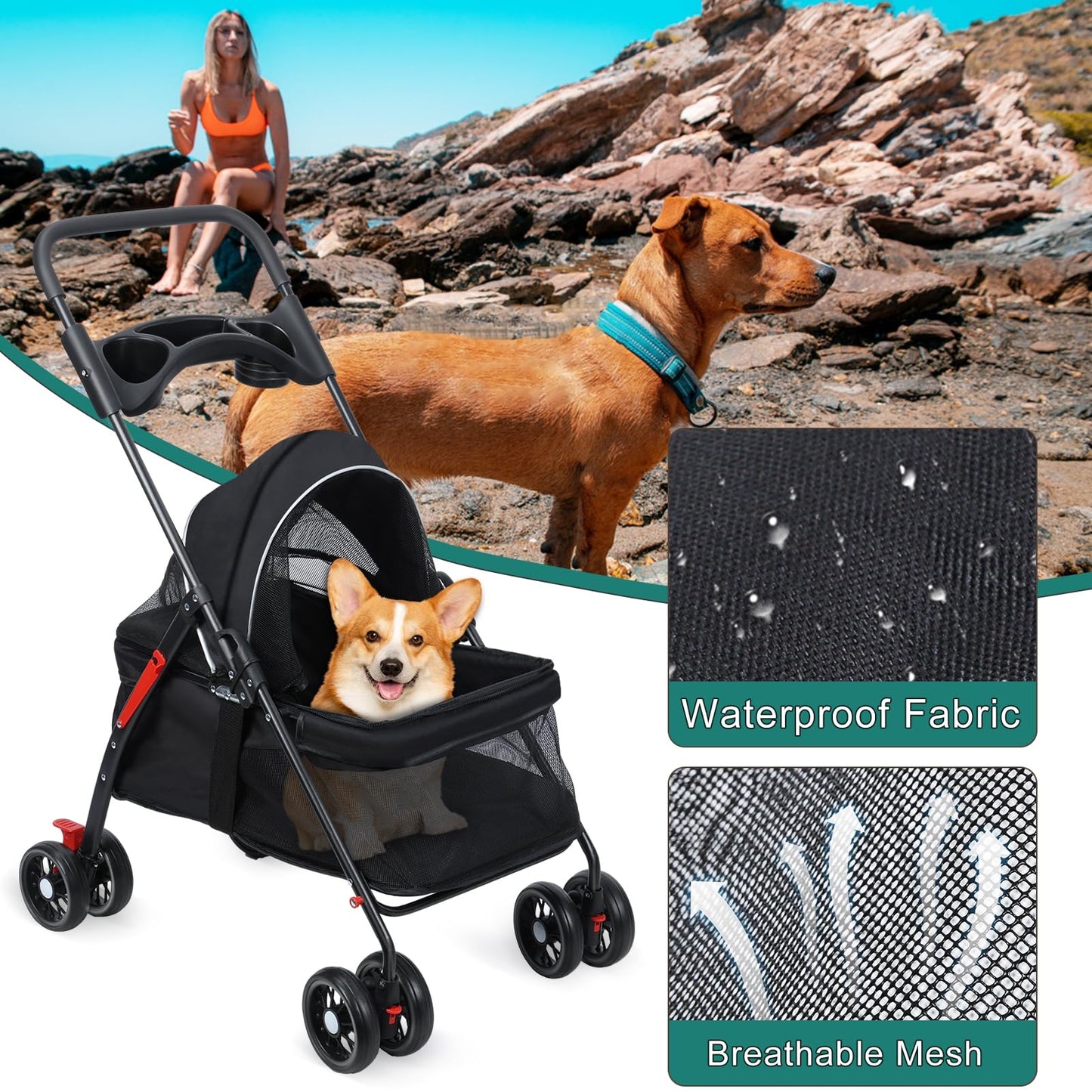sxvbdway 4 Wheels Pet Stroller for Medium Small Dog up to 50lbs, Dog Cat Stroller, Outdoor Travel Pet Folding Strollers with Cup Holder, Detachable Carrier, Breathable Visible Mesh (Black Upgraded)