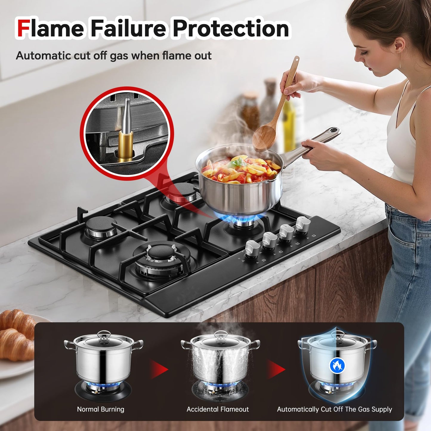 Gas Stove Top 24 inch Eascookchef, 24 inch Gas Cooktop 4 Burner, Bulit-in Stove Top NG/LPG Convertible, Upgrade Black Enamel Propane Cooktop with Thermocouple Protection