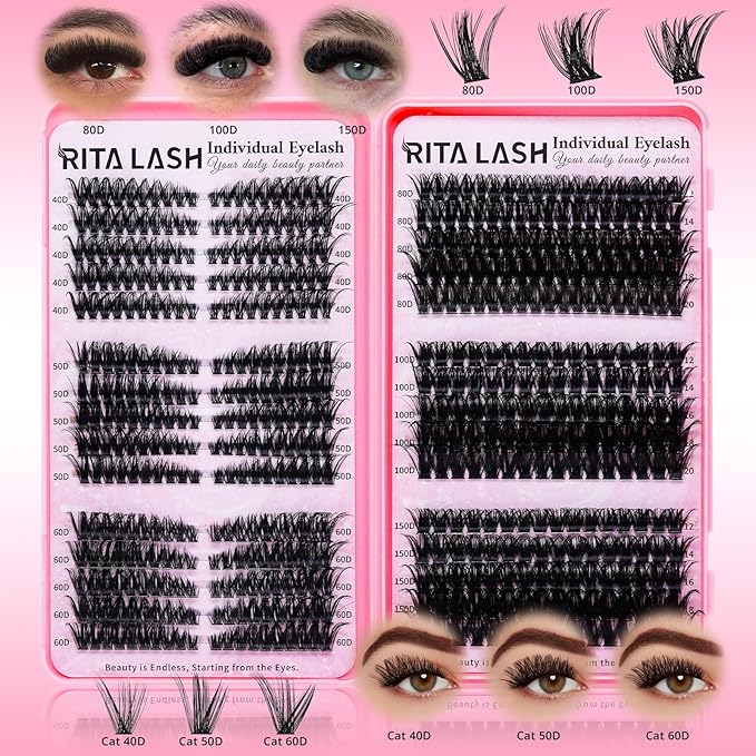 Lash Clusters Kit Eyelash Clusters Kit Cat Eye Lashes Clusters Lash Extension Kit Cluster Eyelash Extensions PestaÃÂ±as Postizas Naturales with Lash Bond&Seal,Remover,Lash Tweezers(Cat Eye Lash Kit)