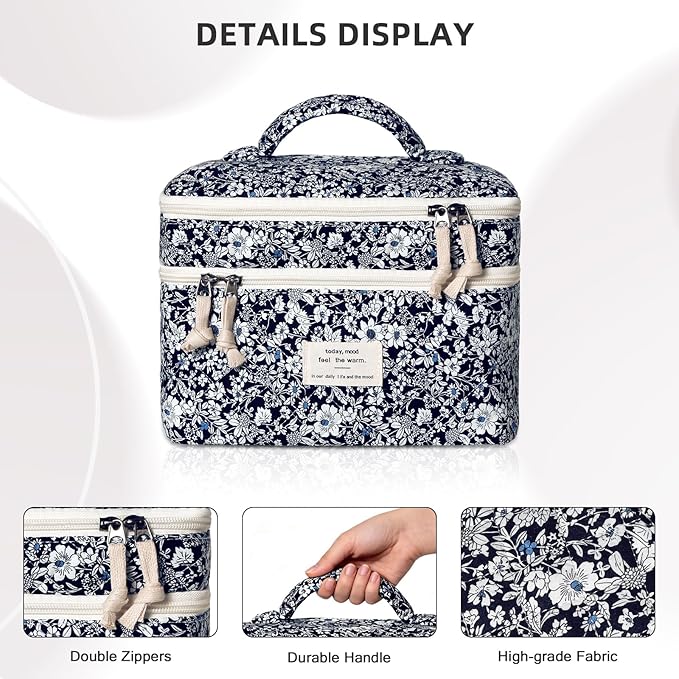 Makeup Bag, Portable Travel Make up Bag, Large Capacity Quilted Cosmetic Organizer Bag, Cute Floral Toiletry Bag for Women Girls (Black Rose)
