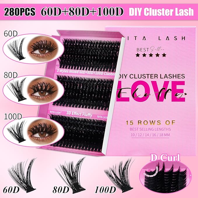 Lash Clusters Kit Eyelash Clusters Kit 3D Effect Cluster Eyelash Extensions Large Pack Cat Eye Lashes Clusters Lash Extension Kit PestaÃÂ±as Postizas Naturales+Lash Bond&Seal,Remover,Tools(Lash Kit-9)