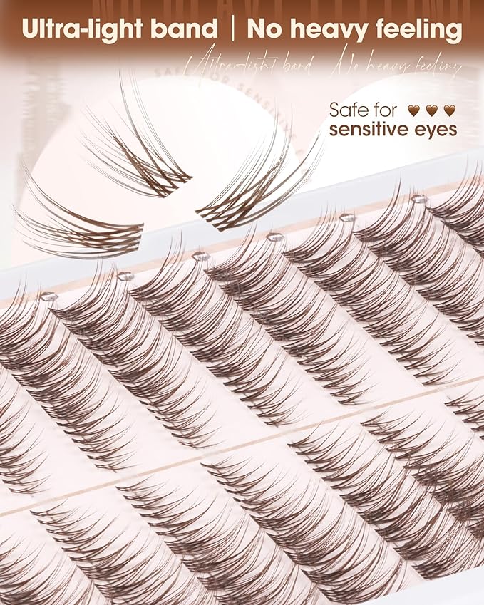 Brown Lash Clusters Natural Cat Eye Eyelash Extensions, 7-12MM Pre-Mapped Wispy Individual Lashes For Easy Application, C-Curly Clear Band, For Natural Lifted Look