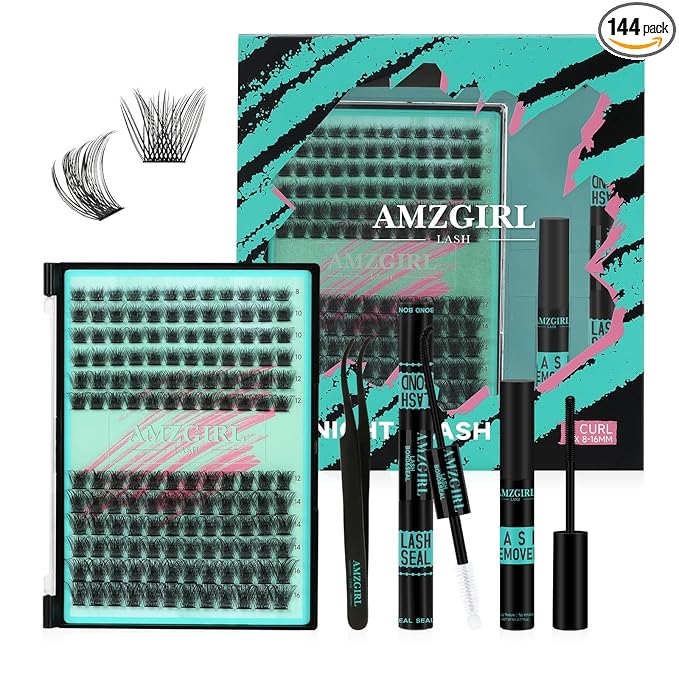AMZGIRL LASH Midnight DIY Lash Extension Kit, 144 pcs Eyelash Clusters Kit Lash Bond and Seal, Lash Glue Remover and Applicator for Individual False Eyelashes Kit Lash Extensions(D-Mix 8-16mm Kit)