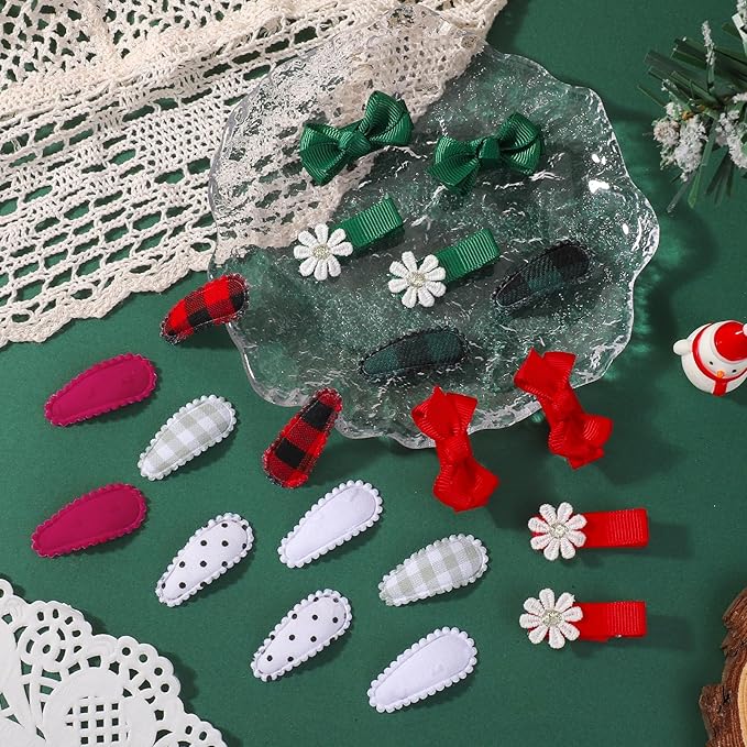 20PCS Christmas Toddler Hair Clips, Red & Green Hair Bows, Non-Slip Snap Barrettes & Daisy Ribbon Alligator Clips for Baby, Toddler & Girls