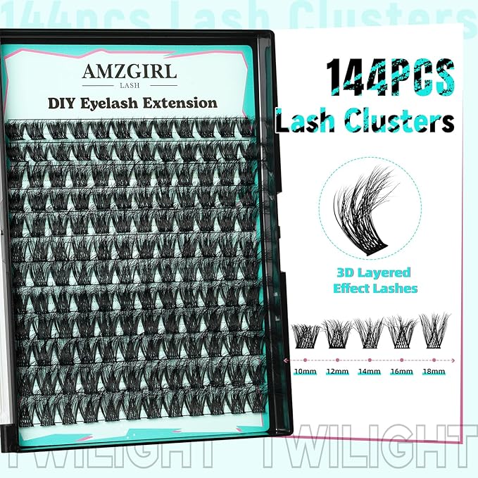 Lash Clusters 3D Effect Cluster Eyelash Extensions 144pcs D Curl Eyelash Clusters False Eyelashes Soft Comfortable Individual Lashes DIY Lash Extensions with Thin Band (Twilight, D-10-18mm)