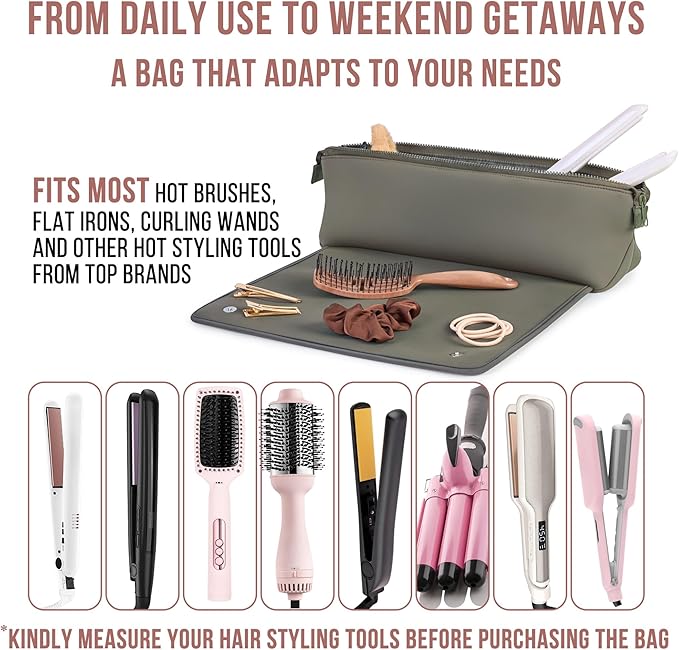 BAREFOOT CARIBOU Hair Tools Travel Bag and Heat Resistant Mat (15.5") for Flat Irons, Straighteners, Curling Iron, and Haircare Accessories, 2-in-1 design, Interior Pockets, Portable Organizer (Olive)
