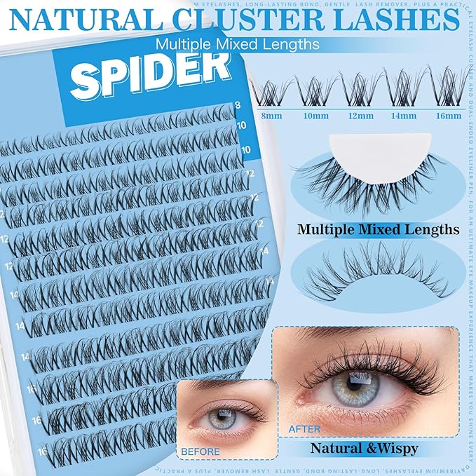 Spider Lash Clusters Kit Breeze D Curly Eyelash Clusters Natural Wispy Lash Extension Kit 8-16MM Fluffy Spider Cluster Eyelash Extensions Clear Thin Band with Lash Bond and Seal DIY Lash at Home