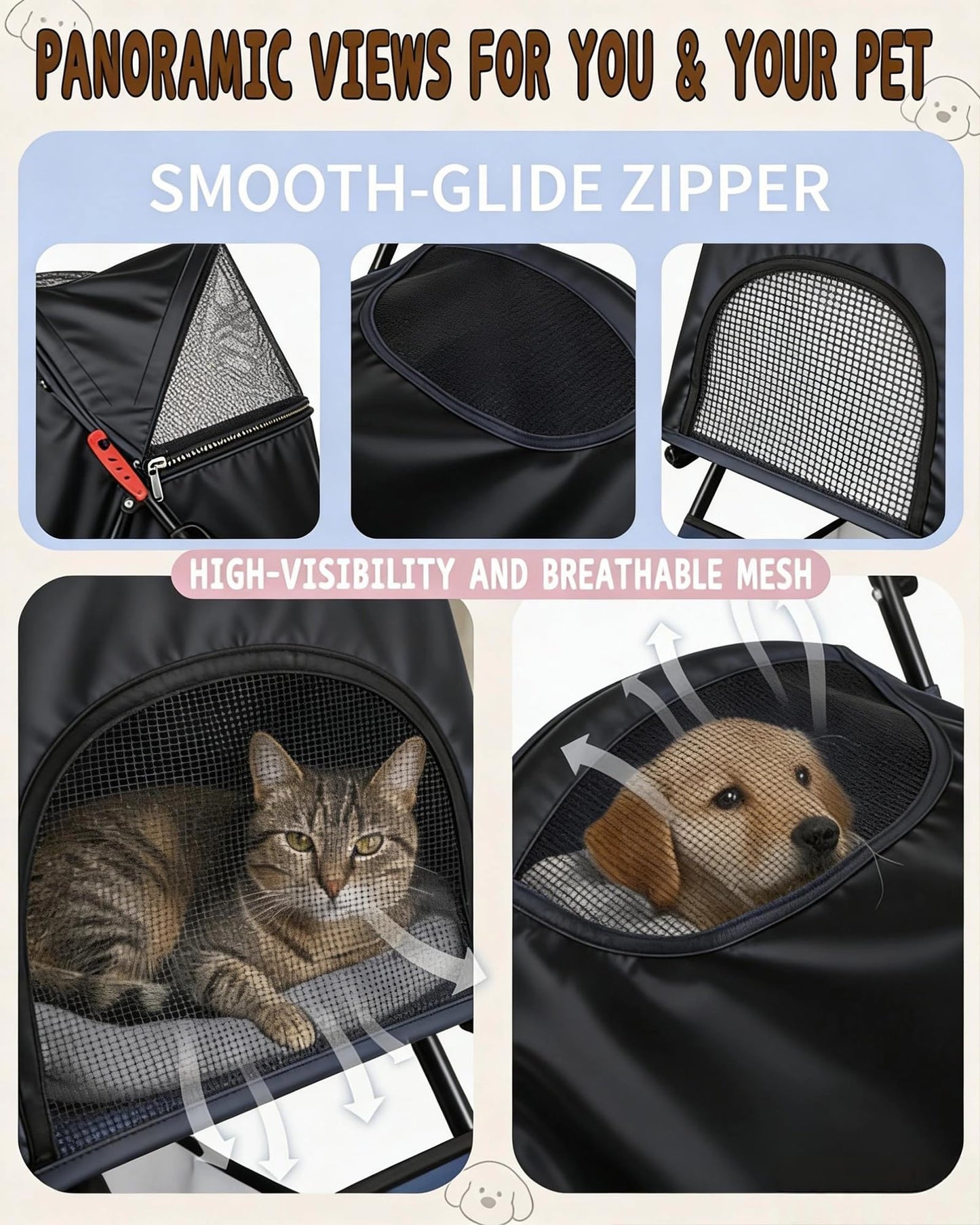 Pet Stroller for Small Medium Dogs Cats - Lightweight 10lbs Foldable Dog Stroller, Breathable Mesh & Safety Tether, 33lbs Capacity with Locking Wheels, Storage Basket for Outdoor Walks-Black
