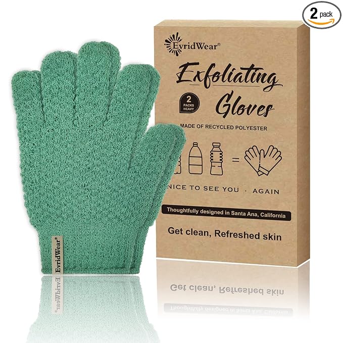 Evridwear Exfoliating Recycled Yarn Eco-Friendly Bath Gloves for Shower, Spa, Massage and Body Scrubs, Dead Skin Cell Remover, Ingrown Hair, Scratching, Gloves with Hanging Loop (1 Pair Heavy Glove)