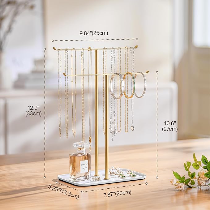 pickpiff Necklace Holder Jewelry Organizer Stand Ã¢ÂÂ 2Ã¢ÂÂTier TÃ¢ÂÂBar Jewelry Display Tree with Tray for Countertop Necklace Bracelet Earring Storage, Vanity Dresser Bathroom Sink, Gold