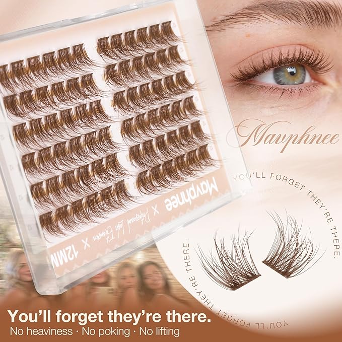 12MM Lash Clusters Brown Eyelash Clusters Natural Fluffy Wispy Cluster Eyelash Extensions with Clear Band & C Curl - For Noticeable But Not Dramatic Look, Soft Glam Sweet Spot